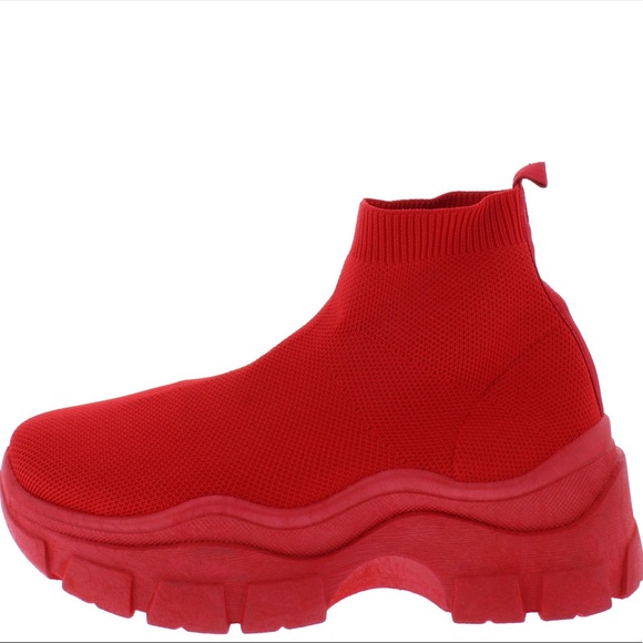 Shoes - Red Knit Pull On Chunky Sneaker Boot